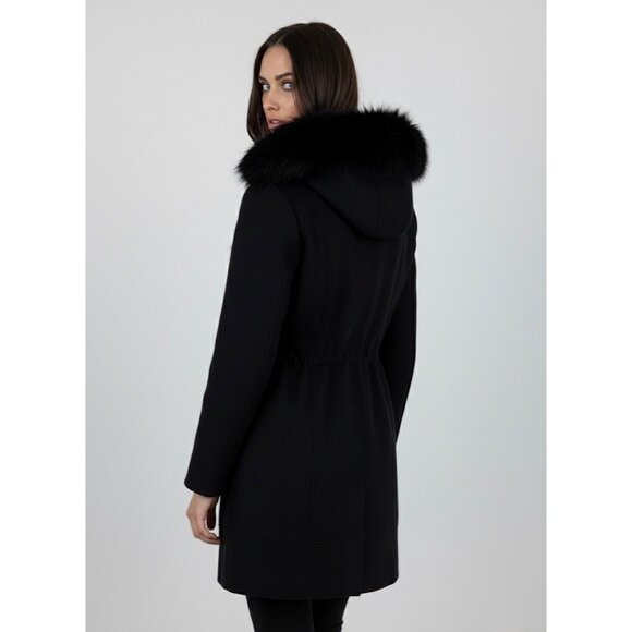 Laundry By Shelli Segal Black Wool Faux Fur Trim Hooded Coat | Cozy Quiet Luxury - Picture 6 of 16
